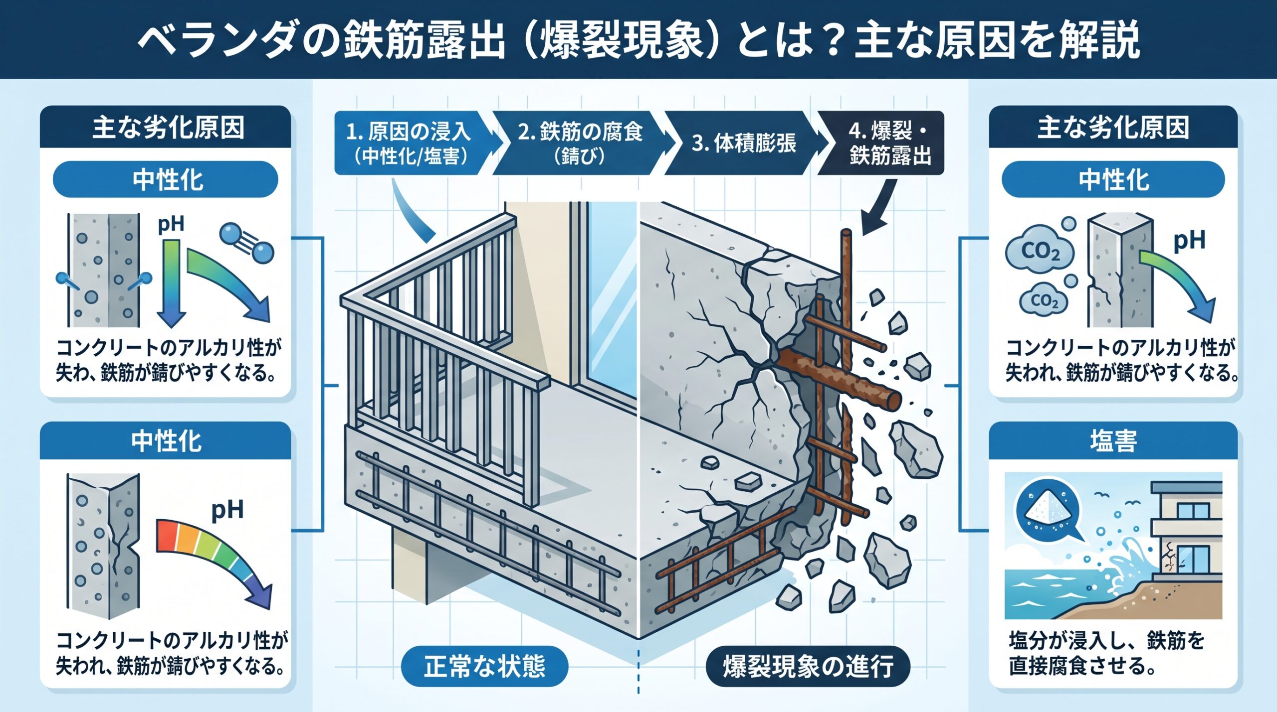 ベランダの鉄筋露出（爆裂現象）とは？主な原因を解説