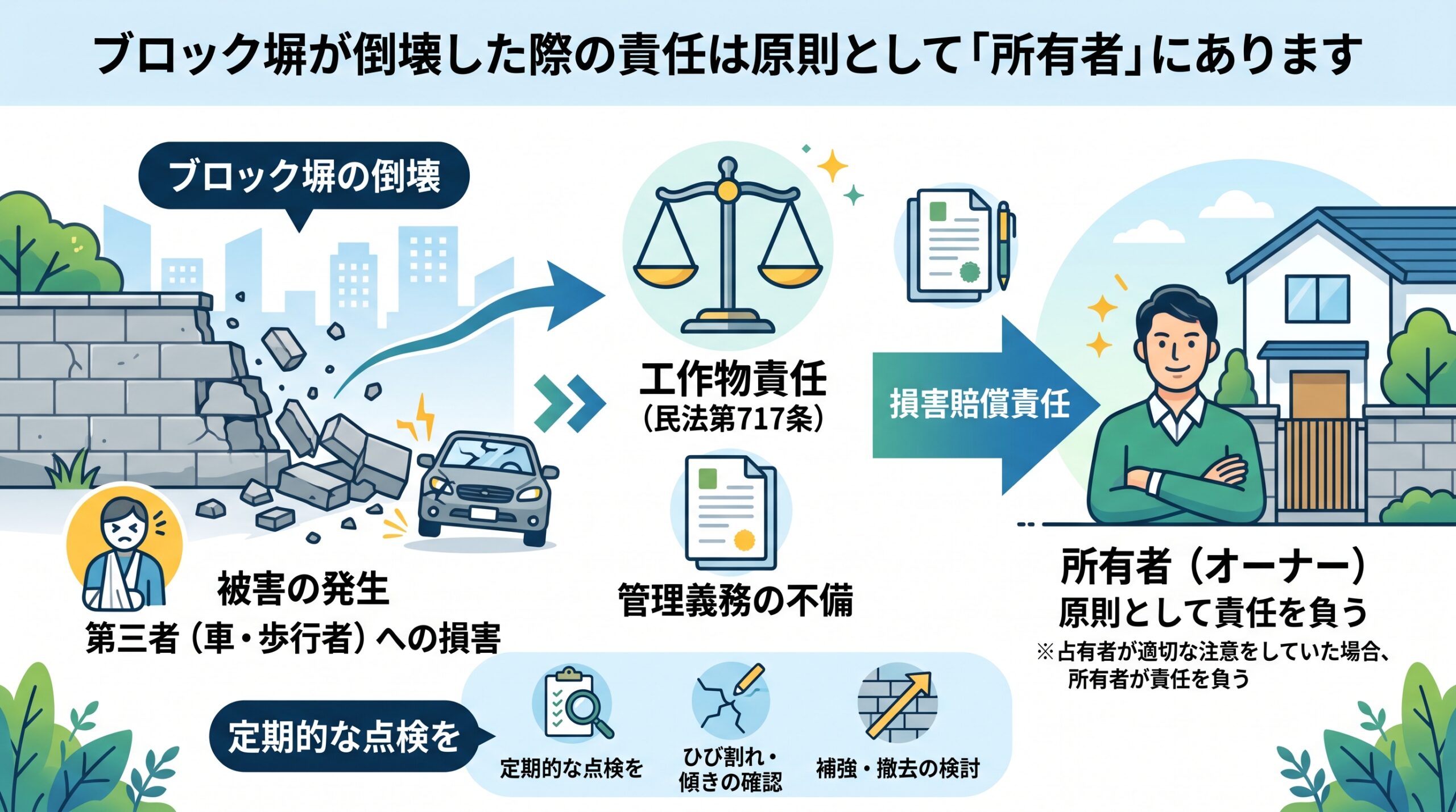 ブロック塀が倒壊した際の責任は原則として「所有者」にある