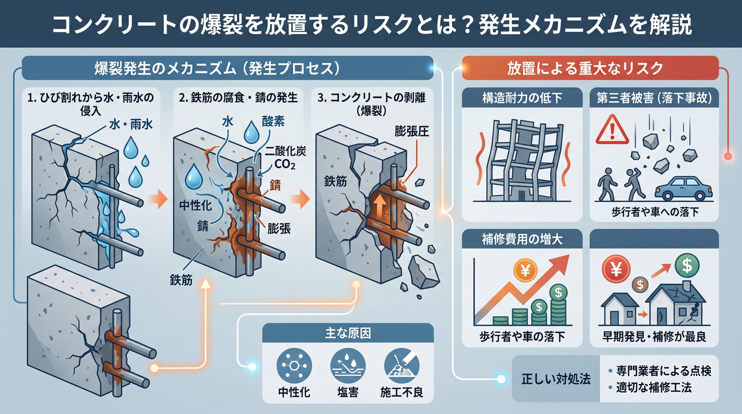 コンクリートの爆裂を放置するリスクとは？発生するメカニズムを解説